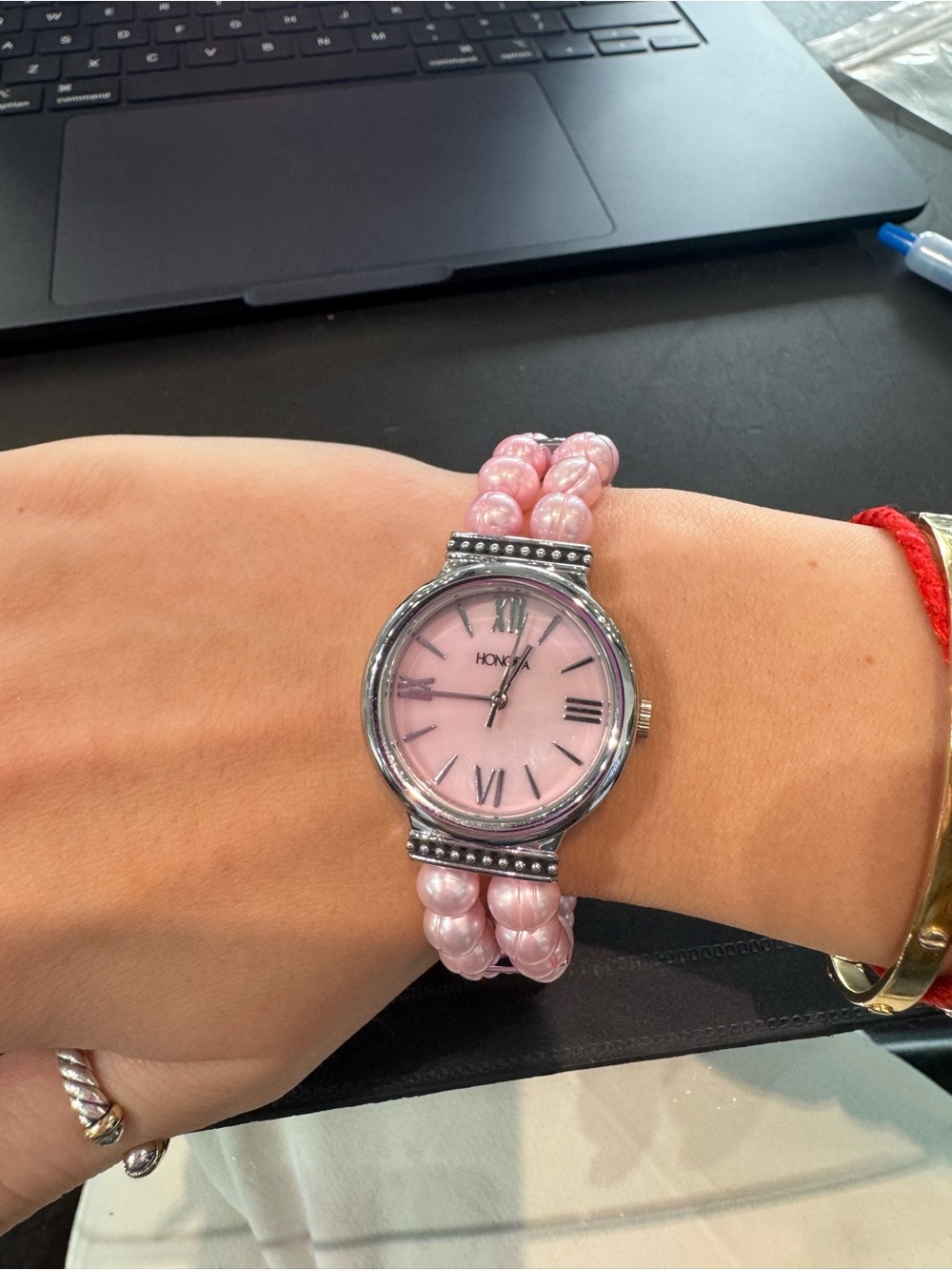 Honora Pearl Silvertone Stretch Bracelet Watch with Pink Dial